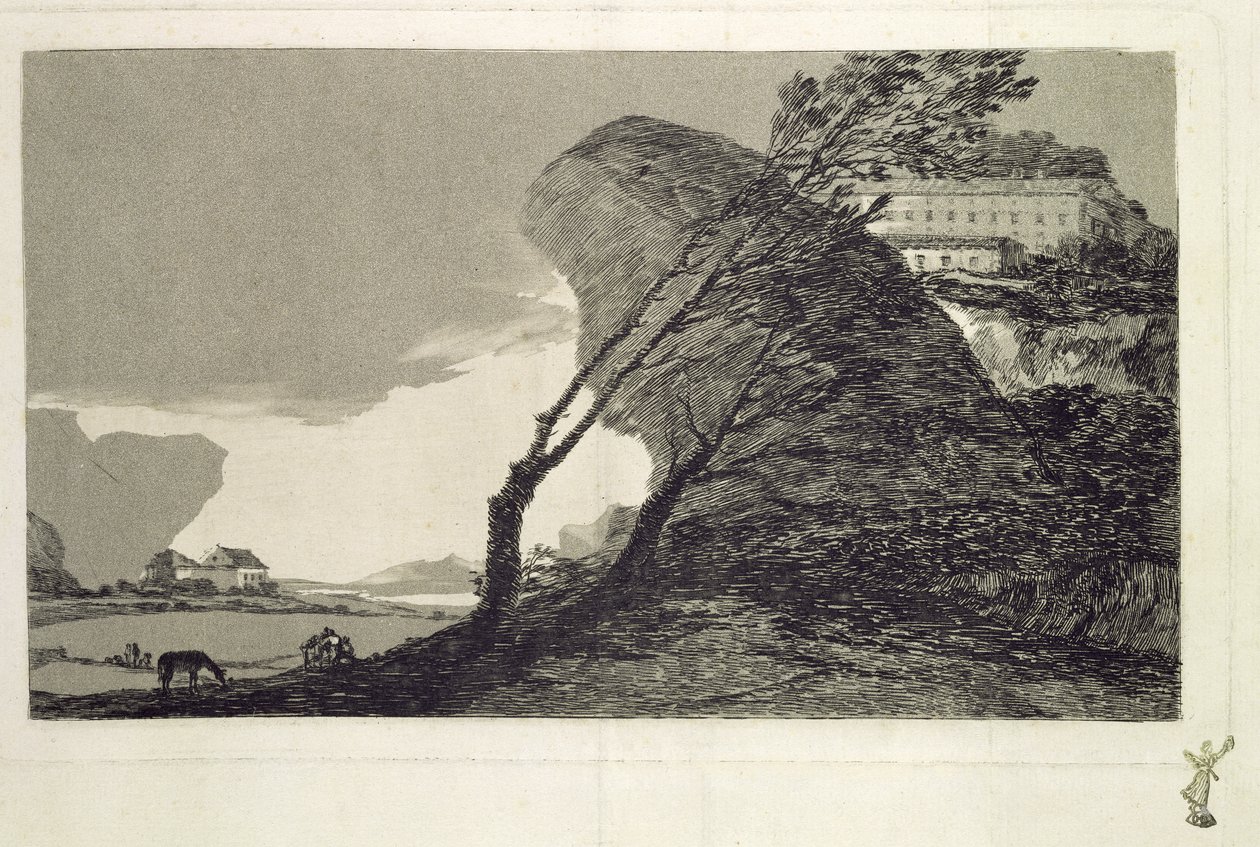 Landskap med store steiner, bygninger og trær, før 1810 (etsing og akvatint) av Francisco de Goya