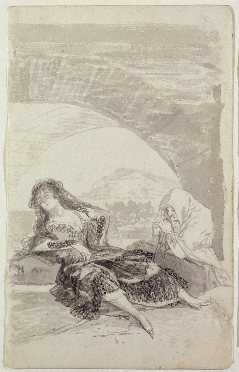 Maja og Celestina under en bue (grå og svart blyant på papir) av Francisco de Goya