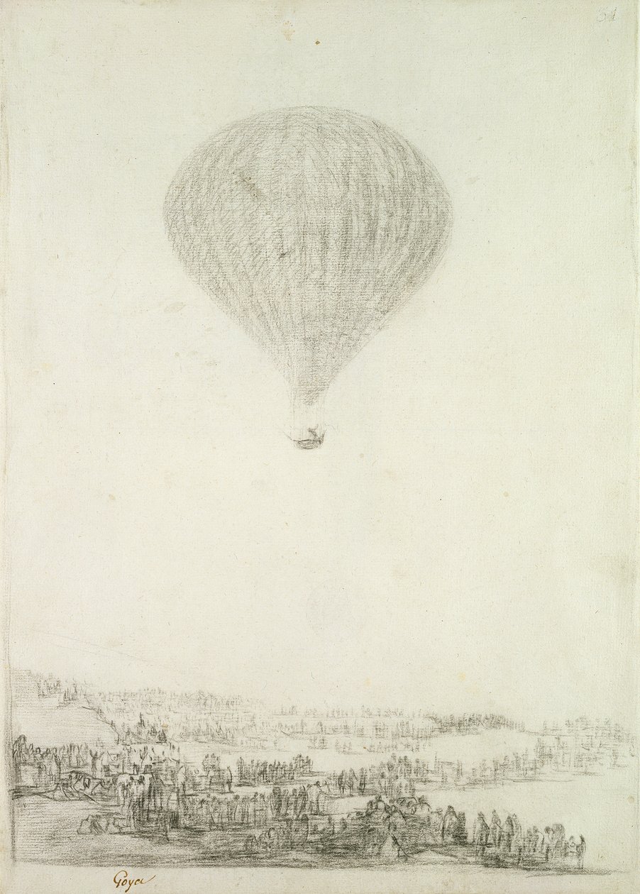 The Montgolfier Brothers, ca. 1800-08 (svart kritt på papir) av Francisco de Goya