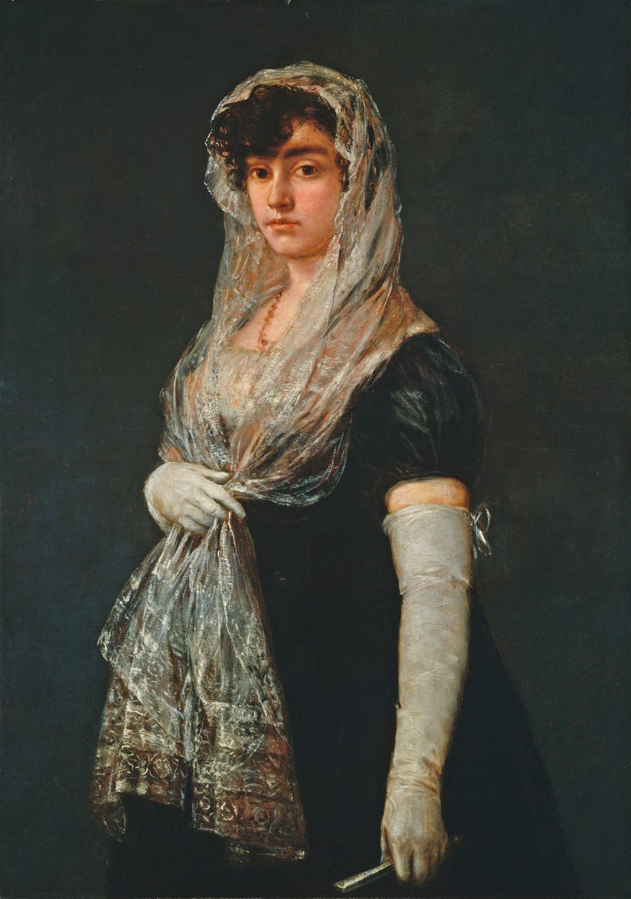 Ung dame iført en mantilla og Basquina av Francisco de Goya