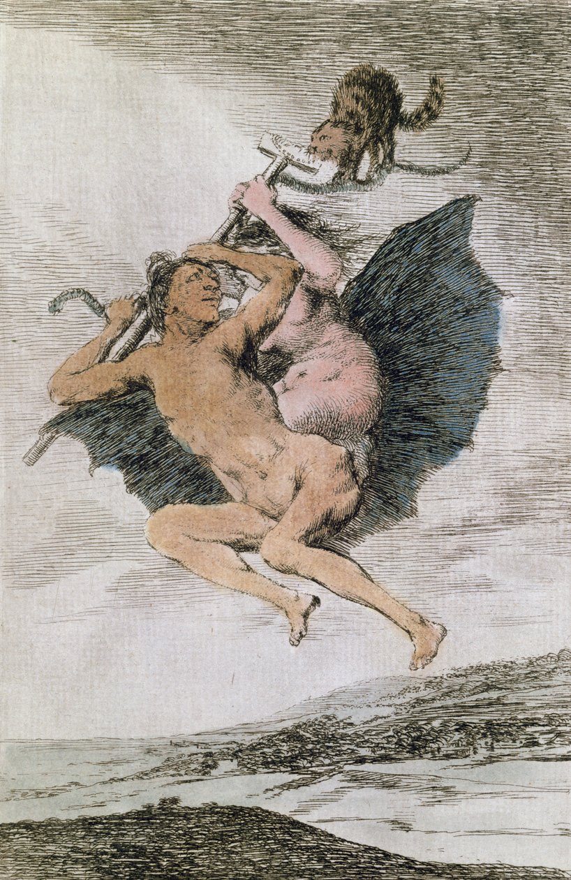 Alla va eso (Der går det), plate 66 av 'Los Caprichos', sent 18. (fargegravering) av Francisco de Goya