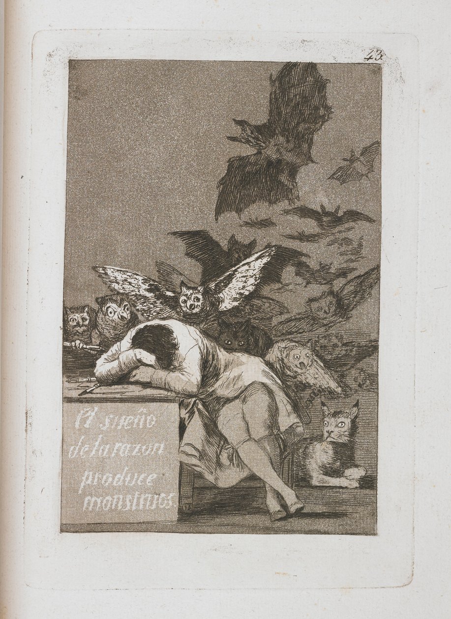 The Sleep of Reason produserer monstre, plate 43 fra Los Caprichos, 1797-1798 av Francisco de Goya