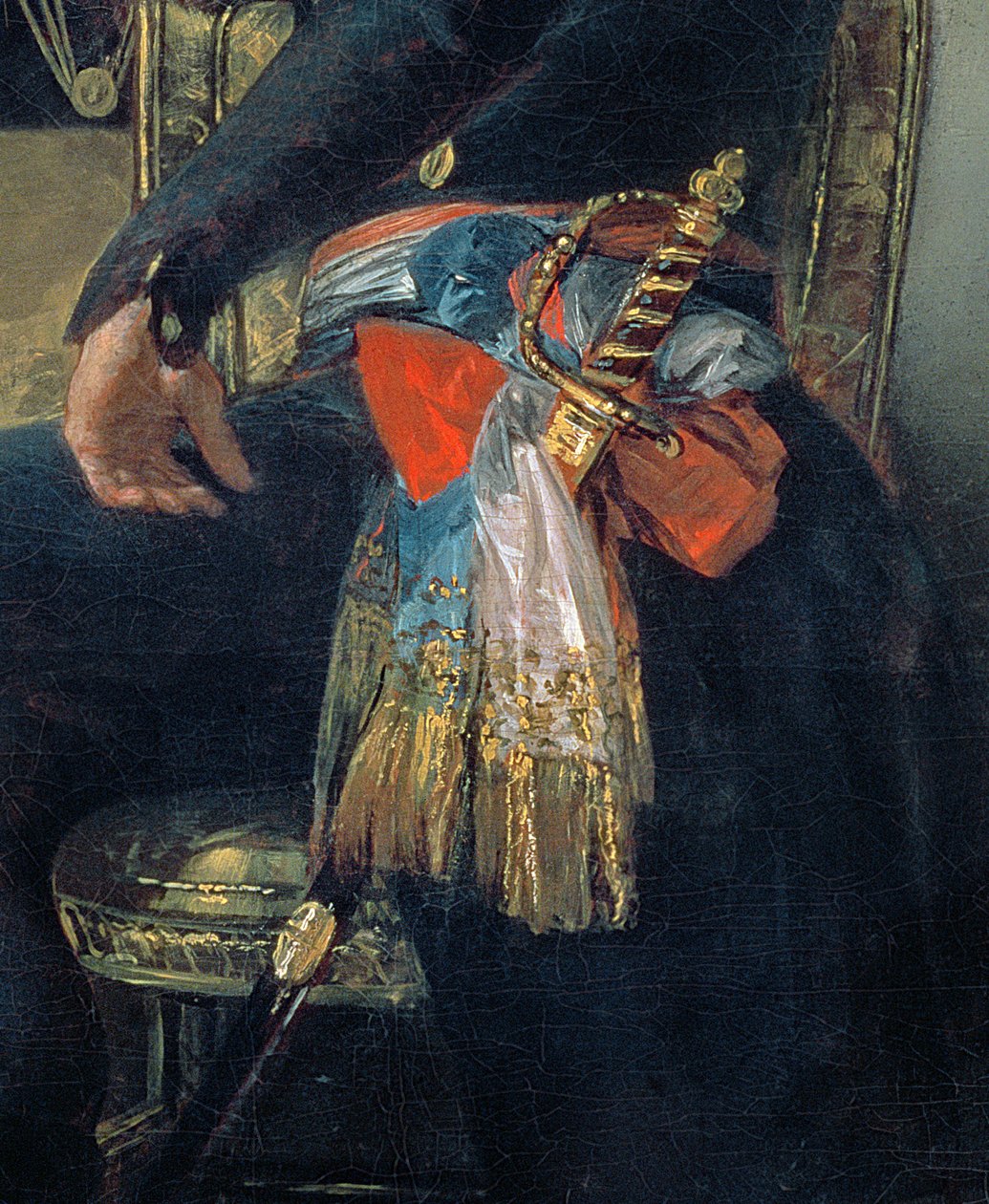 Portrett av Ferdinand Guillemardet, detalj av sverd og ramme, 1798-99 olje på lerret detalj av 83585 av Francisco de Goya