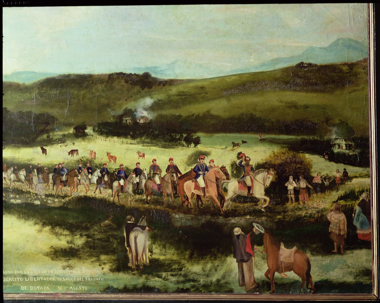 Simon Bolivar (1783-1830) og Francisco de Paula Santander (1792-1840) på reise til Bogota med hæren til Libertador etter Boyacas seier, 10. august 1829 av Francisco de Paula Alvarez