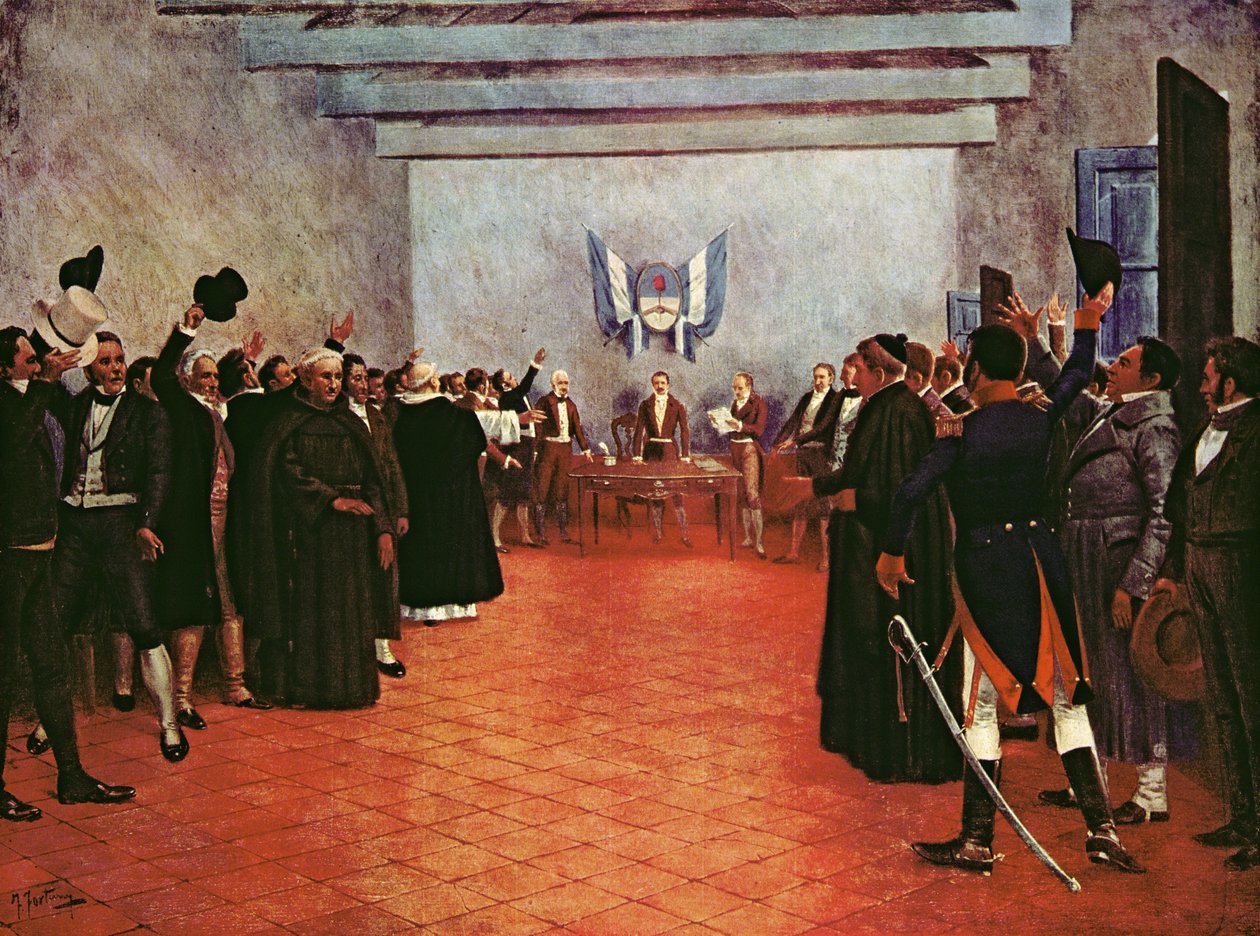 The Congress of Tucuman - Uavhengighetserklæringen til De forente provinser Rio og Plata 9. juli 1816 (farge litho) av Francisco (after) Fortuny