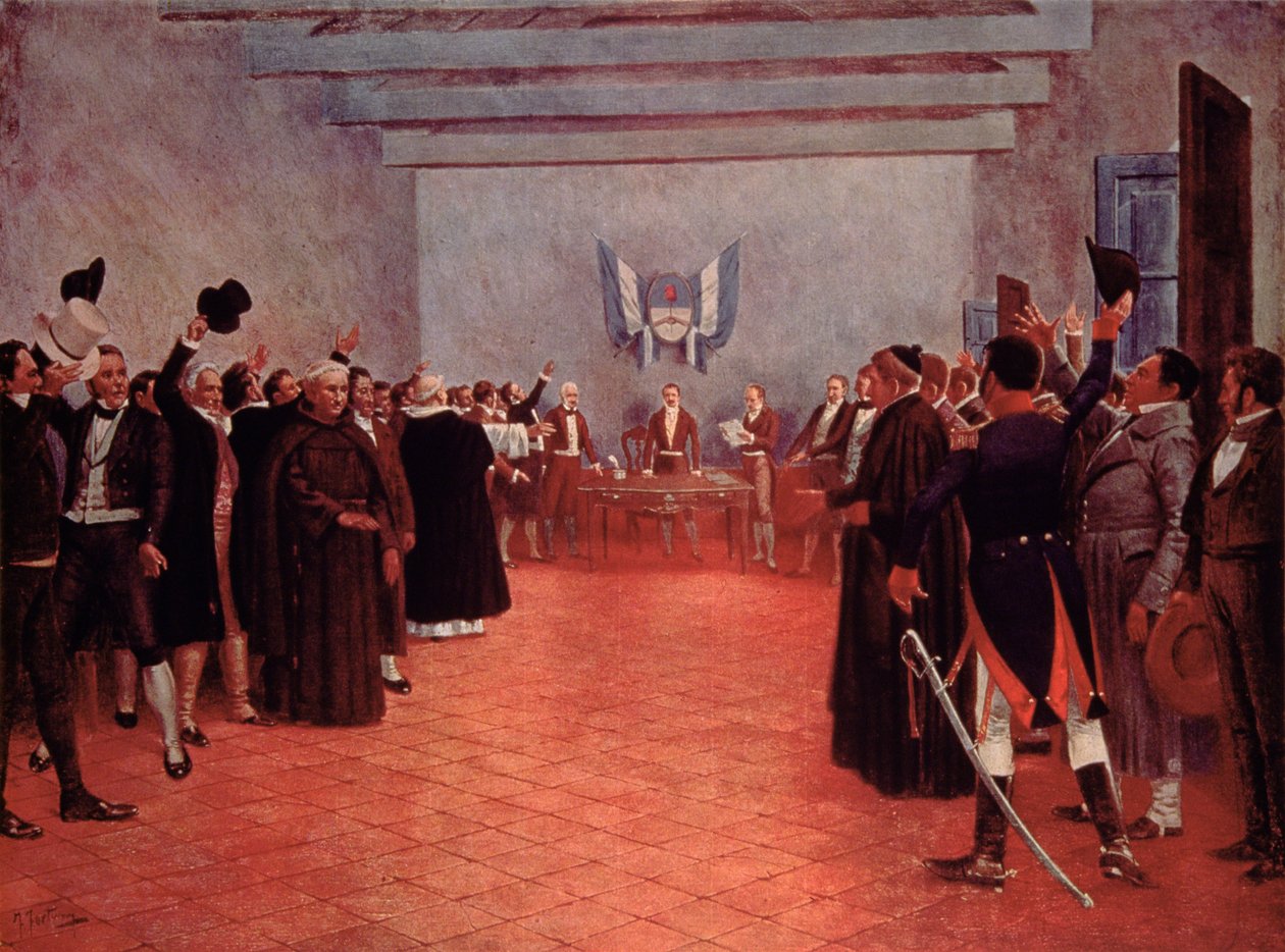 Kongressen i Tucuman, Argentinas uavhengighetserklæring fra Spania i 1816 (farge litho) av Francisco (after) Fortuny