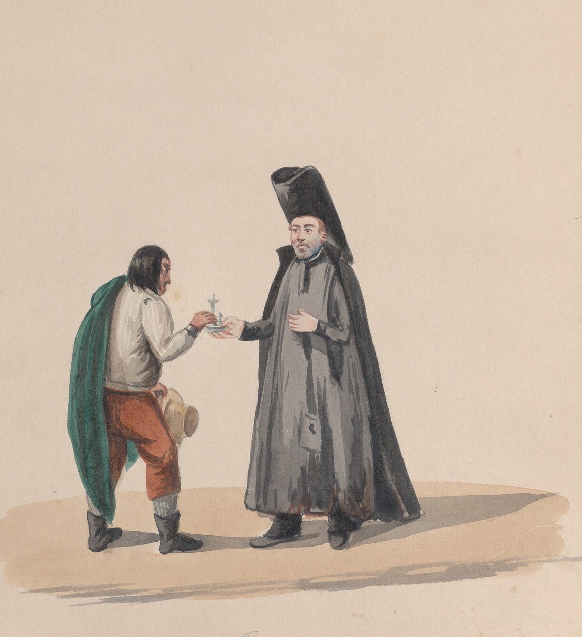 En kanon som overlater et krusifiks til en mann, fra en gruppe tegninger som viser peruansk drakt, 1848. av Francisco