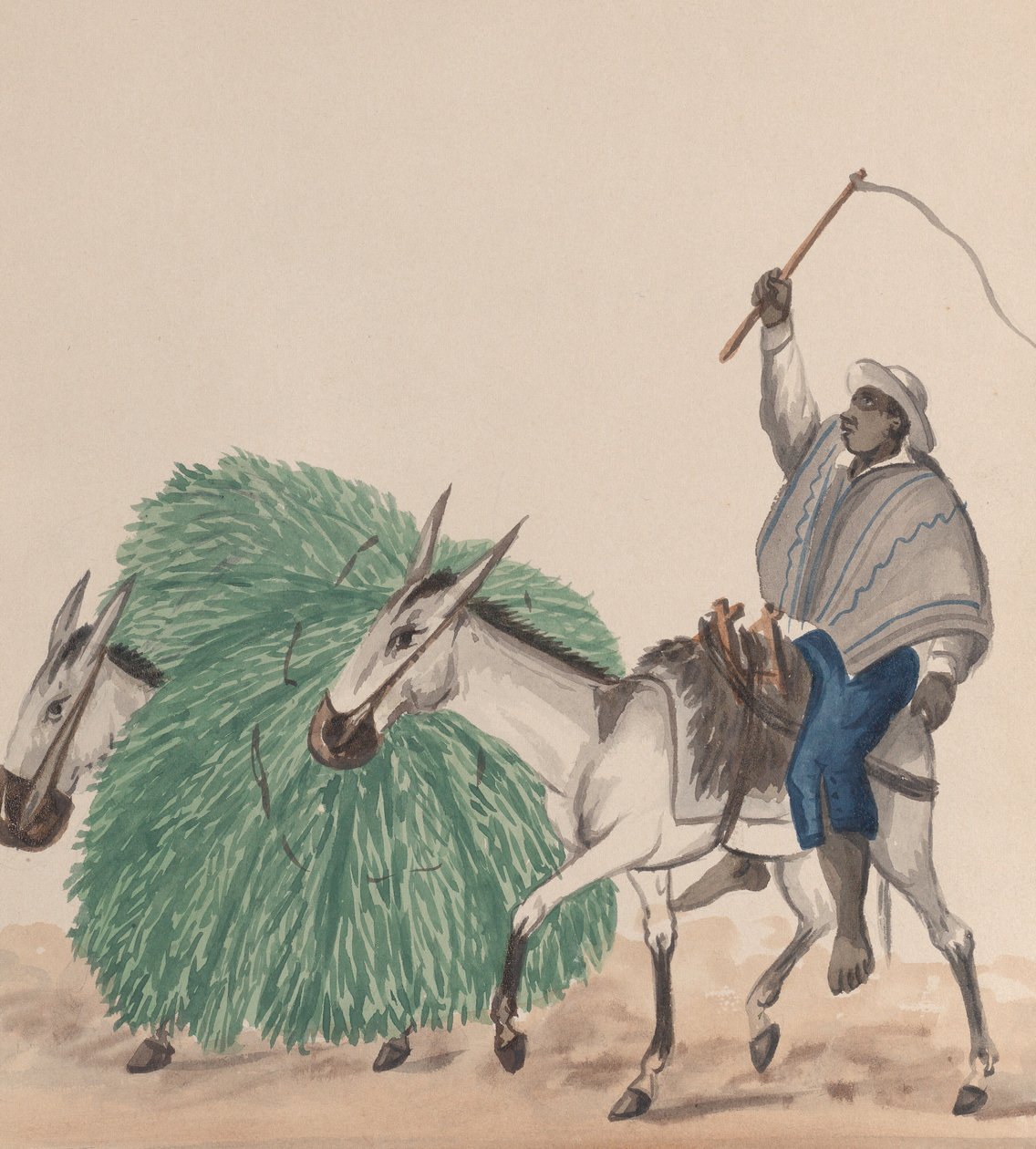 En mann som rir på et muldyr, pisken hevet, et annet muldyr lastet med gress ved siden av..., ca. 1848. av Francisco