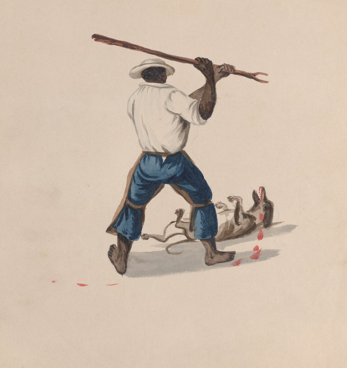 En mann sett bakfra som slår en hund med en pinne, fra en gruppe tegninger som viser..., ca. 1848 av Francisco