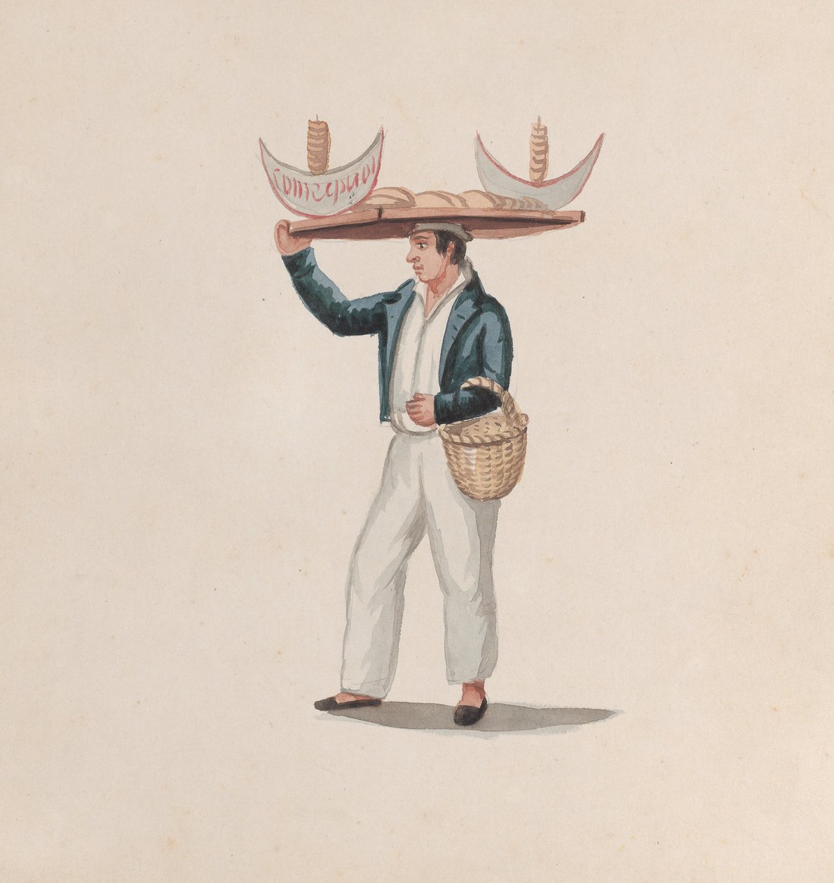 En tortillaleverandør som balanserer et brett på hodet, fra en gruppe tegninger som viser peruansk..., ca. av Francisco