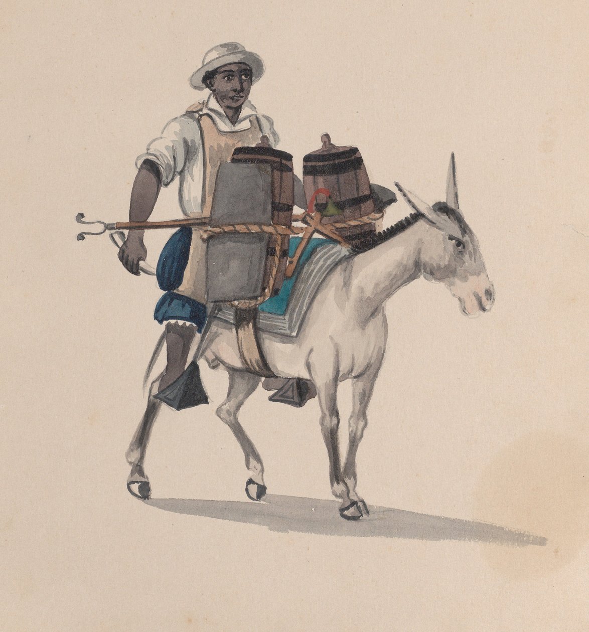 En vannbærer som rir på et esel, fra en gruppe tegninger som viser peruansk drakt, ca. 1848. av Francisco