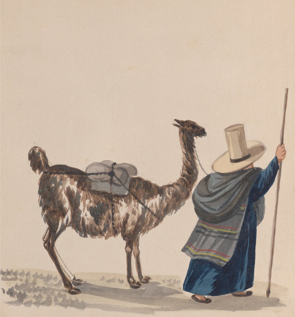 En kvinne som går med en lama, fra en gruppe tegninger som viser peruansk kostyme, ca. 1848. av Francisco