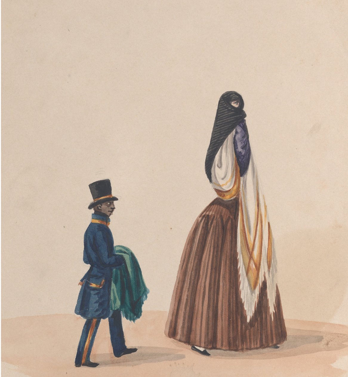 En elegant kledd kvinne og siden hennes, fra en gruppe tegninger som viser peruansk..., ca. 1848. av Francisco