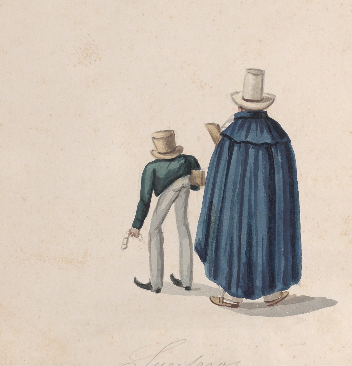 To peruanske spåkoner med topphatter sett bakfra, fra en gruppe..., ca. 1848. av Francisco