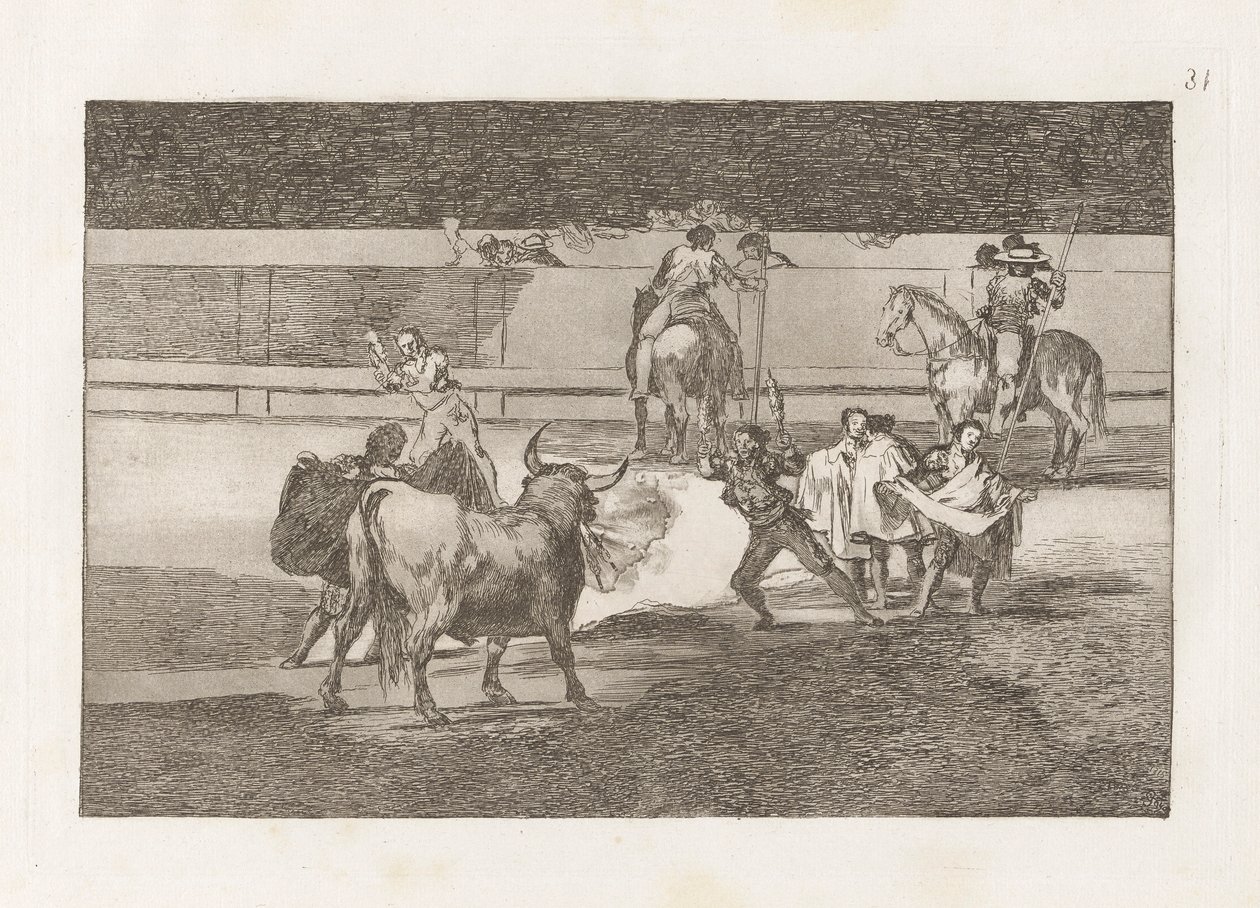 Banderillas de Fuego (banderillas with firecrackers), plate 31 fra tyrefekting av Francisco de Goya