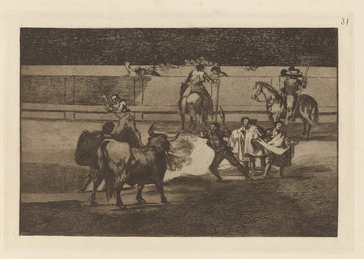 Fire Banderillas (Banderillas with Firecrackers), Plate 31 fra Bullfighting av Francisco de Goya