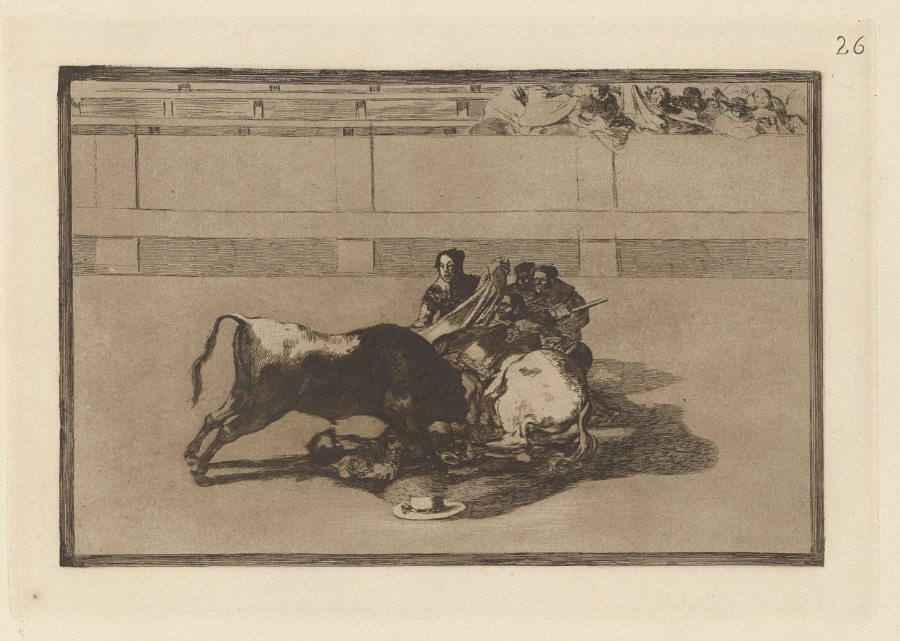 Fall av en picador fra hesten hans under oksen (A Picador is Unhorsed and Falls Under the Bull), Plate 26 fra La tauromaquia av Francisco de Goya