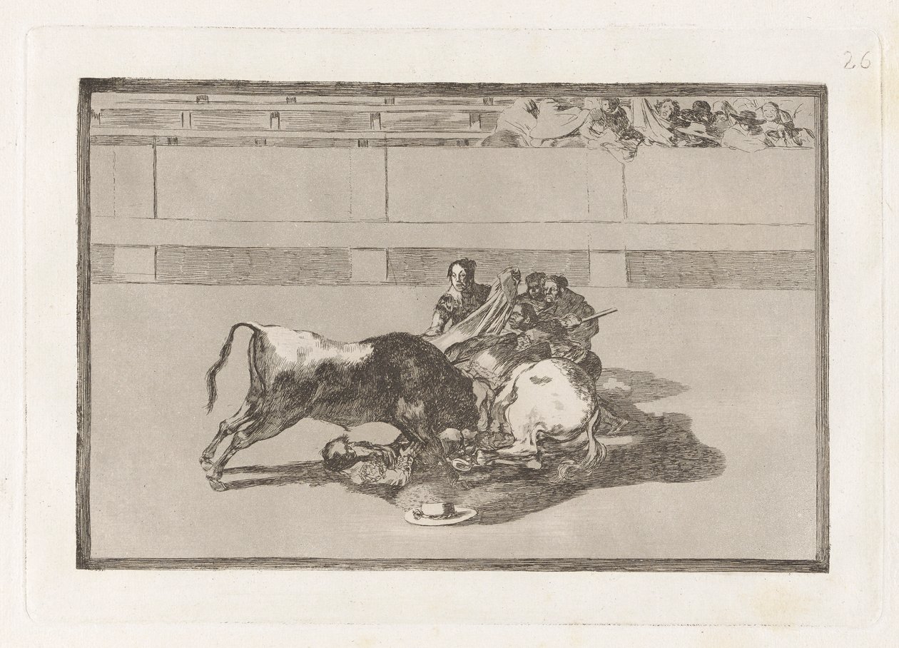 Caida de un picador de su caballo bajo del toro (En Picador er unhorsed og faller under oksen), plate 26 fra La tauromaquia av Francisco de Goya