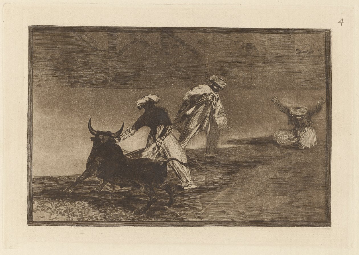 Capean otro encerrado (They Play Another with the Cape in the Enclosure), Plate 4 fra La tauromaquia av Francisco de Goya