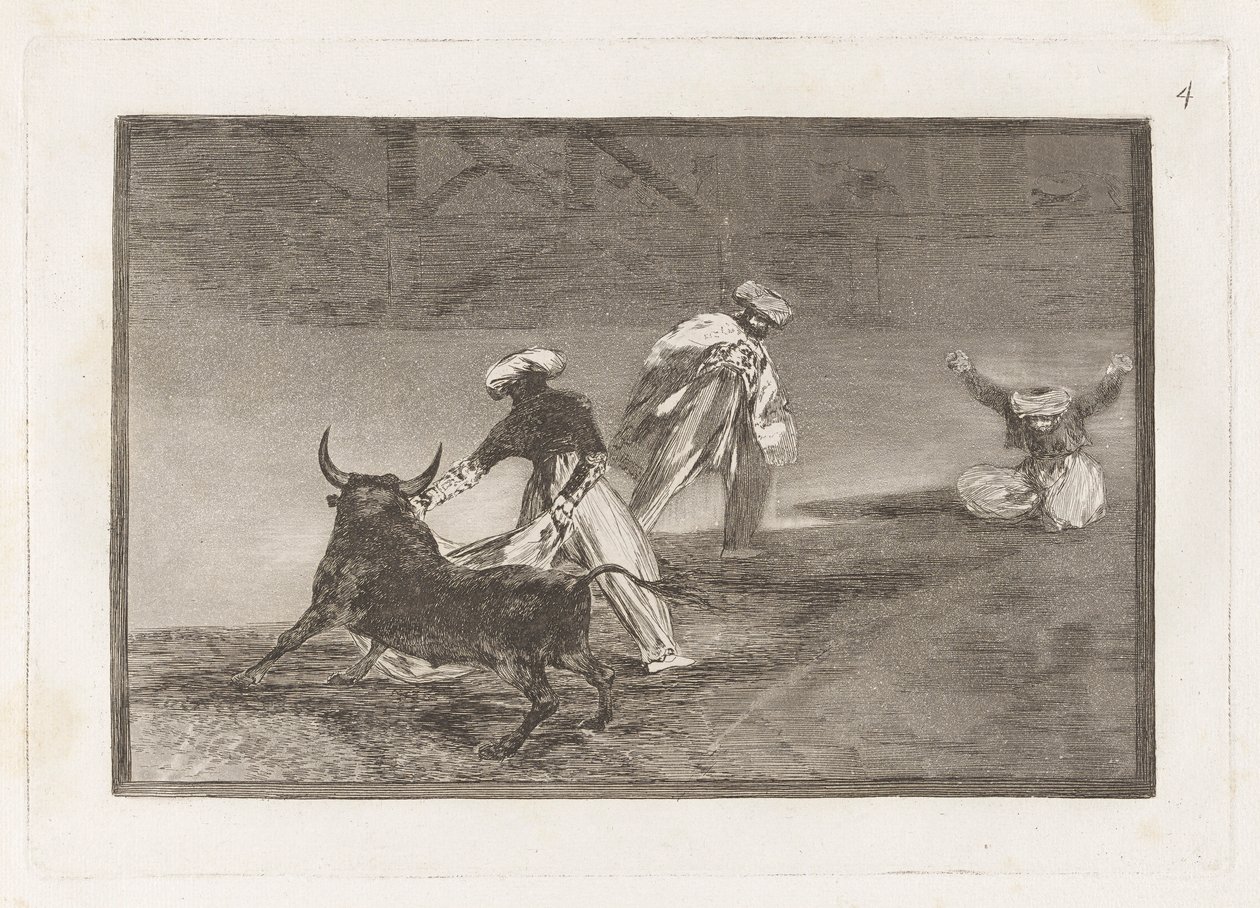Capean otro encerrado (They Play Another with the Cape in the Enclosure), Plate 4 fra La tauromaquia av Francisco de Goya