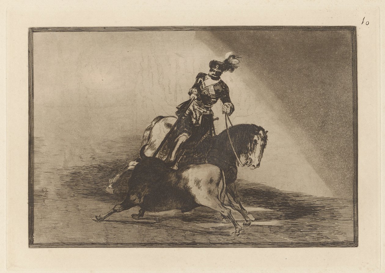 Carlos V. Spearing a Bull in the Plaza de Valladolid (Charles V. Spearing a Bull in the Ring at Valladolid), Plate 10 fra La tauromaquia av Francisco de Goya