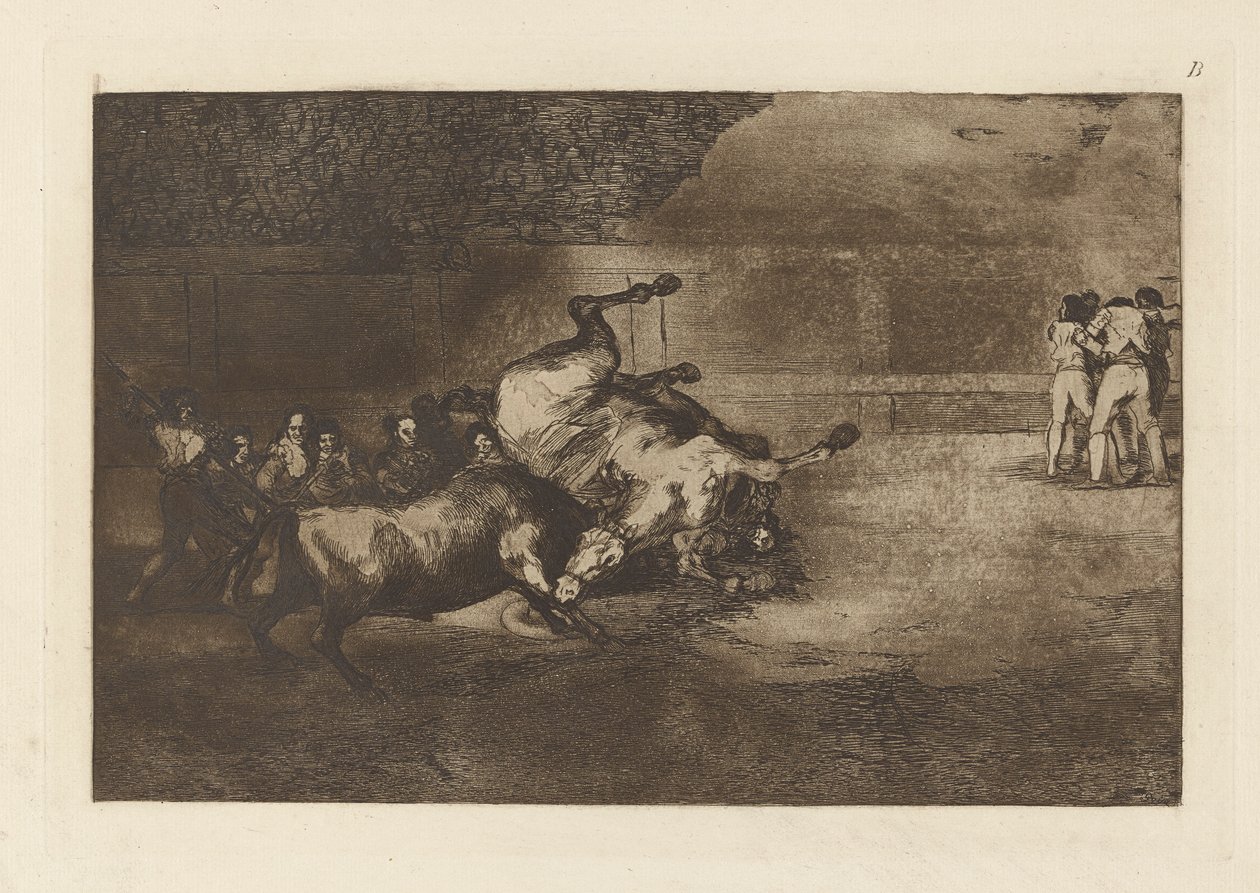 Hest kastet av en okse, plate B fra La tauromaquia (tredje utgave) av Francisco de Goya