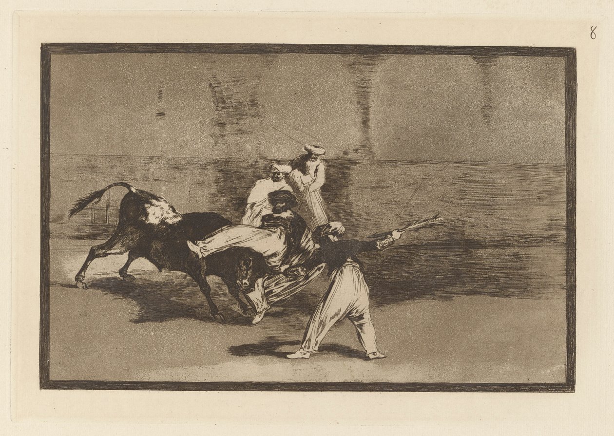 Cogida de un Moro estando en la plaza (En maur fanget av oksen i ringen), plate 8 fra La tauromaquia av Francisco de Goya