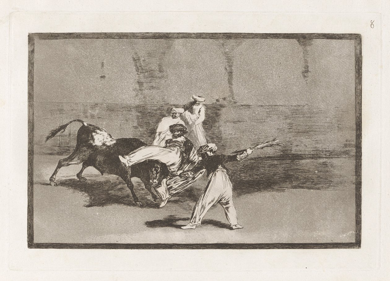 Cogida de un moro estando en la plaza (En maur fanget av oksen i ringen), plate 8 fra La tauromaquia av Francisco de Goya