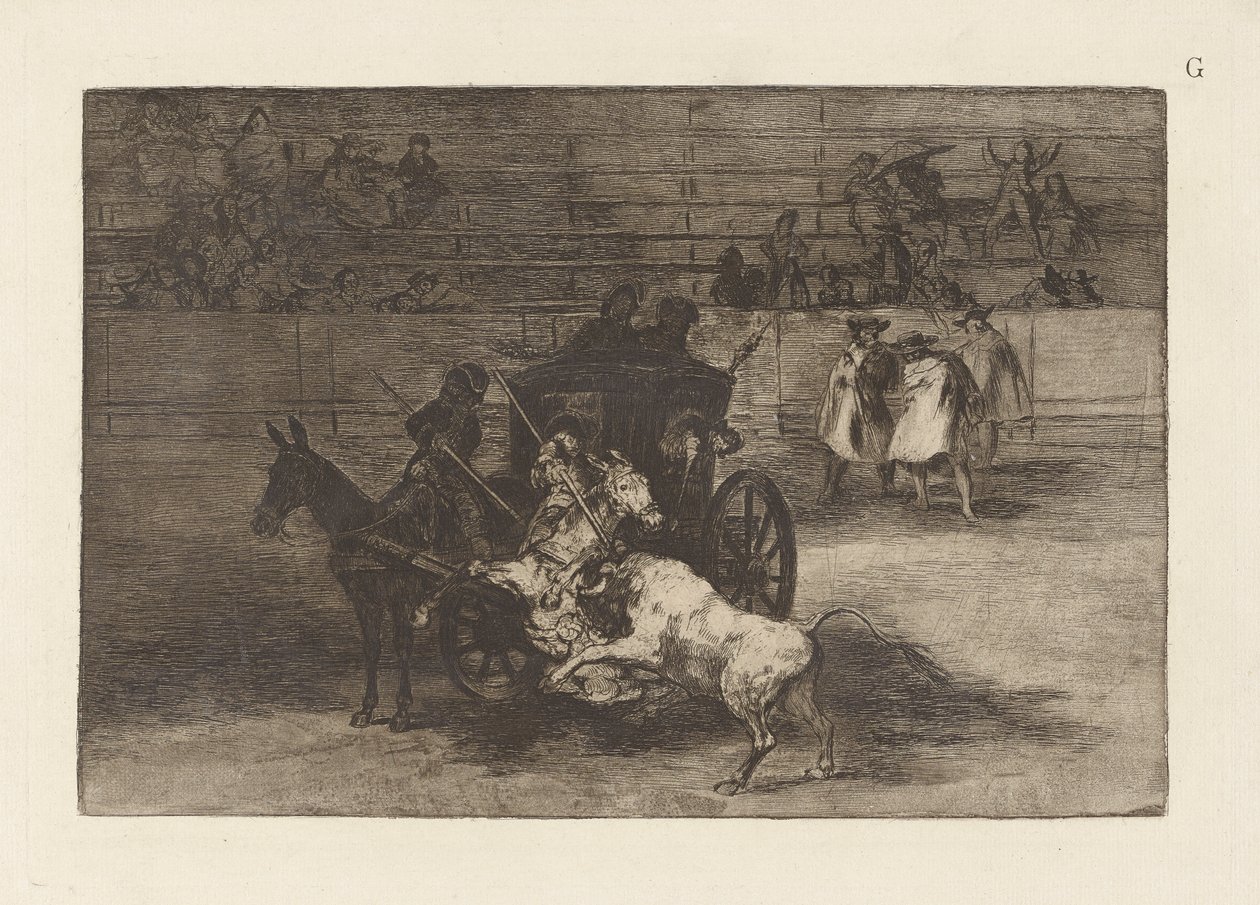 Kjemp i en vogn trukket til to muldyr, plate G fra La tauromaquia (tredje utgave) av Francisco de Goya