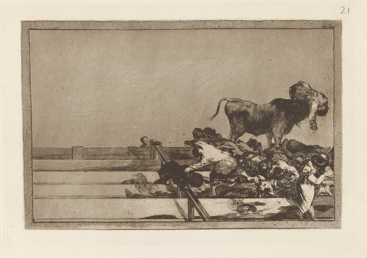 Ulykker som skjedde under leggingen av Madrid-plassen, og døden til borgermesteren i Torrej?n (Fryktelige hendelser i de forreste radene av ringen i Madrid og Death of the Mayor of Torrej?n), Plate 21 fra La tauromaquia av Francisco de Goya