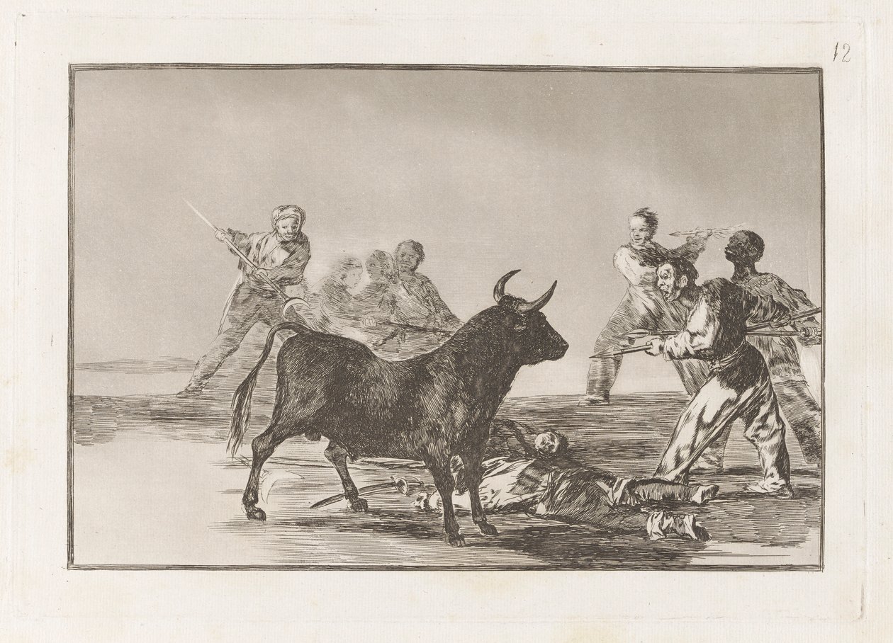 The Rabble Hamstring oksen med lanser, sigder, banderillas og andre armer, tallerken 12 fra La tauromaquia av Francisco de Goya