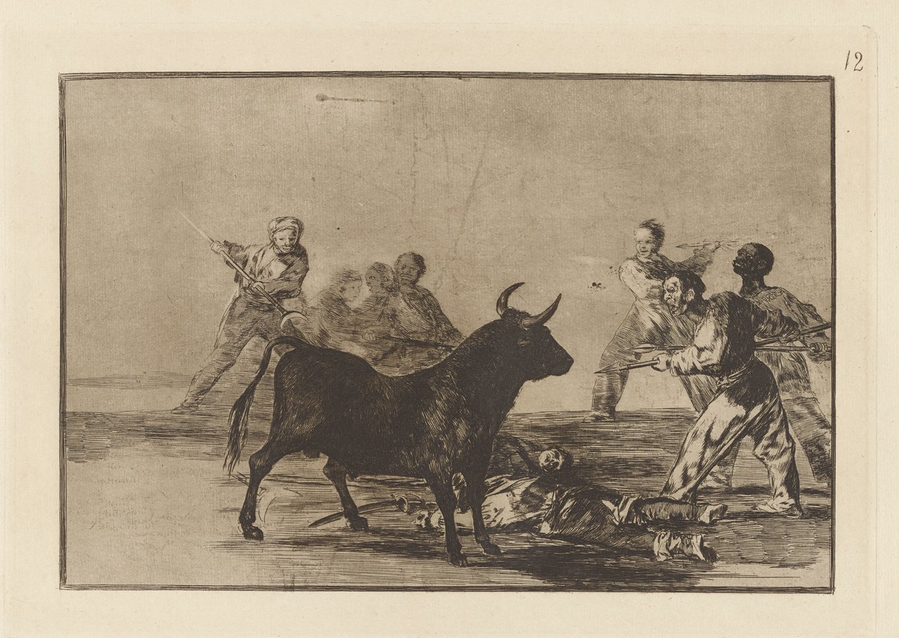 The Rabble Hamstring oksen med lanser, sigder, banderillas og andre armer, tallerken 12 fra La tauromaquia av Francisco de Goya