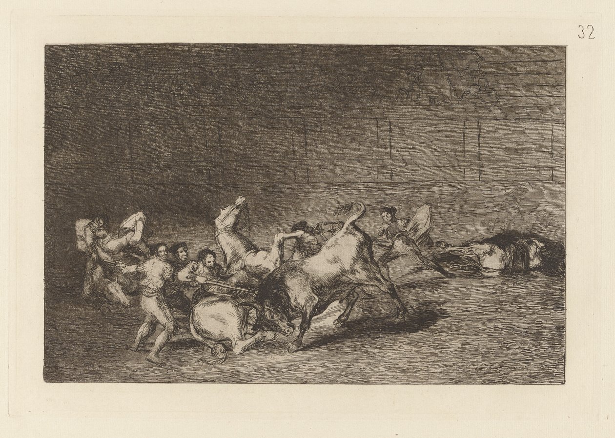 To lag med Picadorer kastet etter hverandre av en enkelt okse, plate 32 fra La tauromaquia av Francisco de Goya