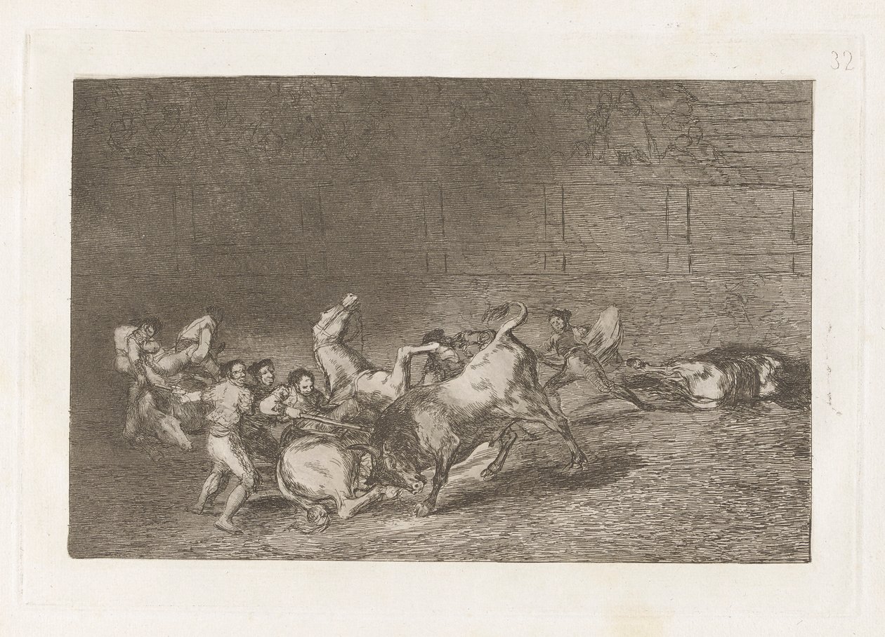 To lag med Picadorer kastet etter hverandre av en enkelt okse, plate 32 fra La tauromaquia av Francisco de Goya