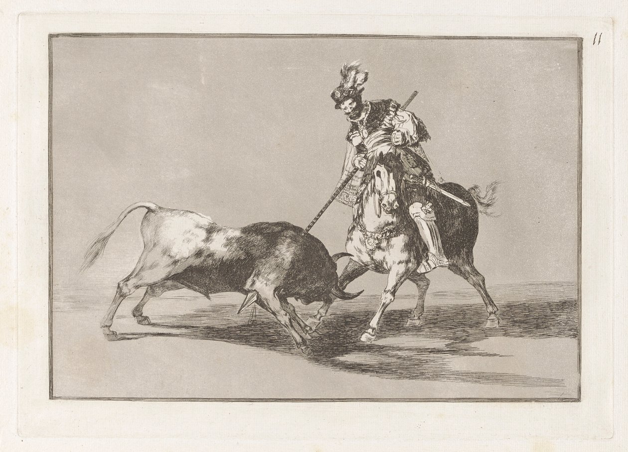 El Cid Campeador lanceando otro toro (The Cid Campeador Spearing Another Bull), plate 11 fra La tauromaquia av Francisco de Goya