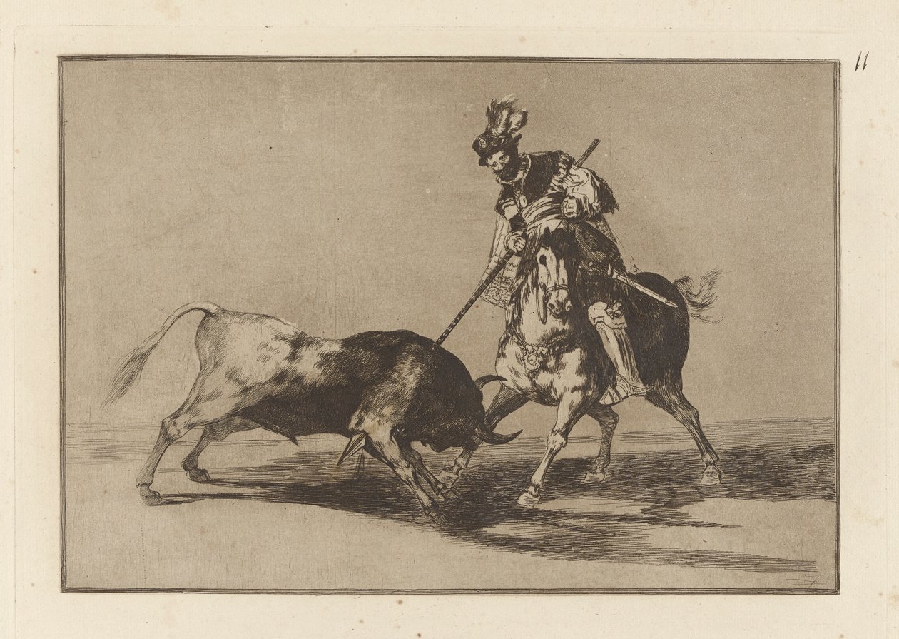 El Cid Campeador spearing another bull (The Cid Campeador Spearing Another Bull), Plate 11 fra La tauromaquia av Francisco de Goya