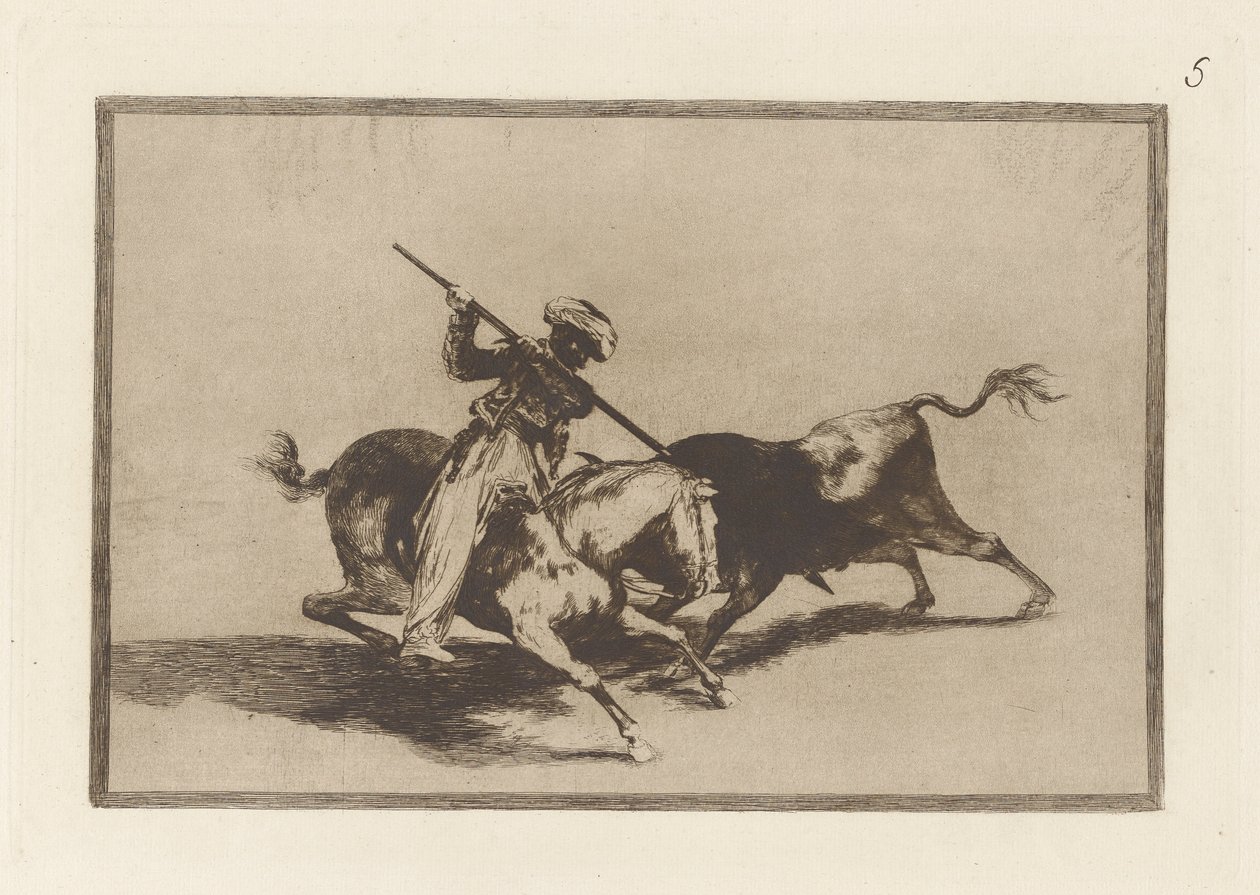 Den livlige Moro Gazul er den første som lanserer? okser i rekkefølge (The Spirited Moor Gazul er den første som spyr okser i henhold til reglene), Plate 5 fra La tauromaquia av Francisco de Goya