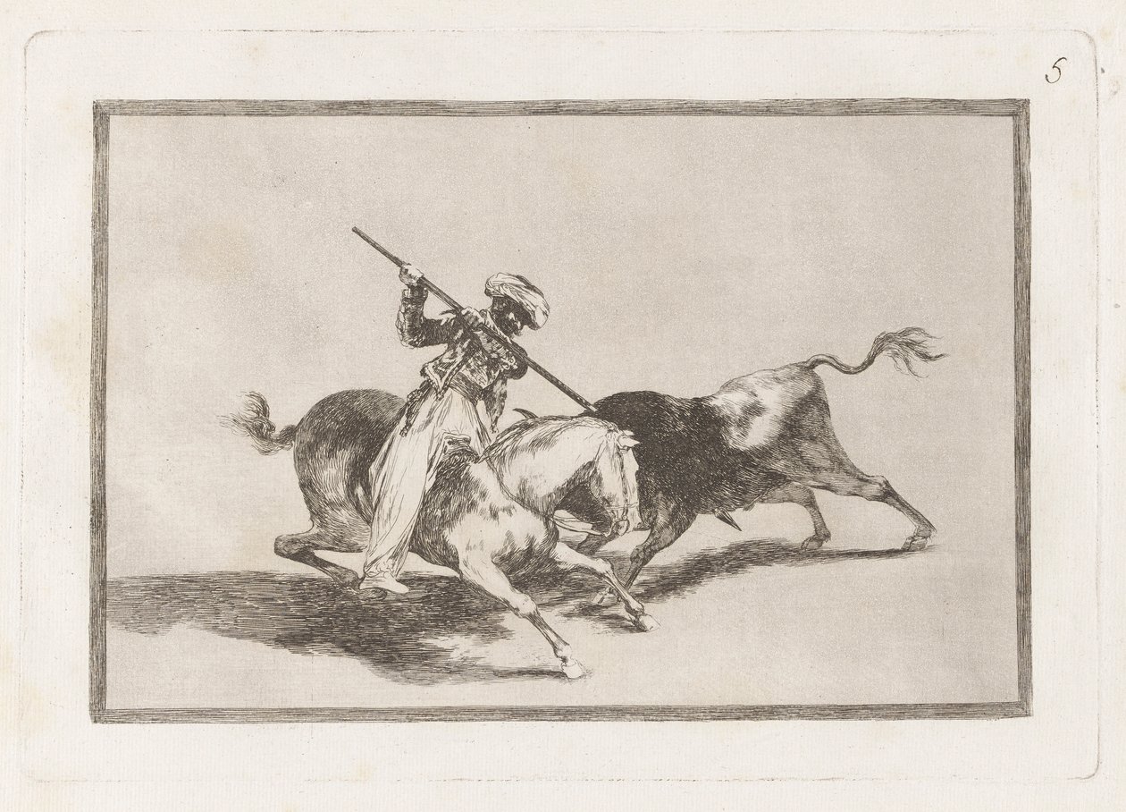 Er den livlige mauriske Gazul den første som kaster? okser i regel (The Spirited Moor Gazul er den første til å spyd okser i henhold til reglene), plate 5 fra La tauromaquia av Francisco de Goya