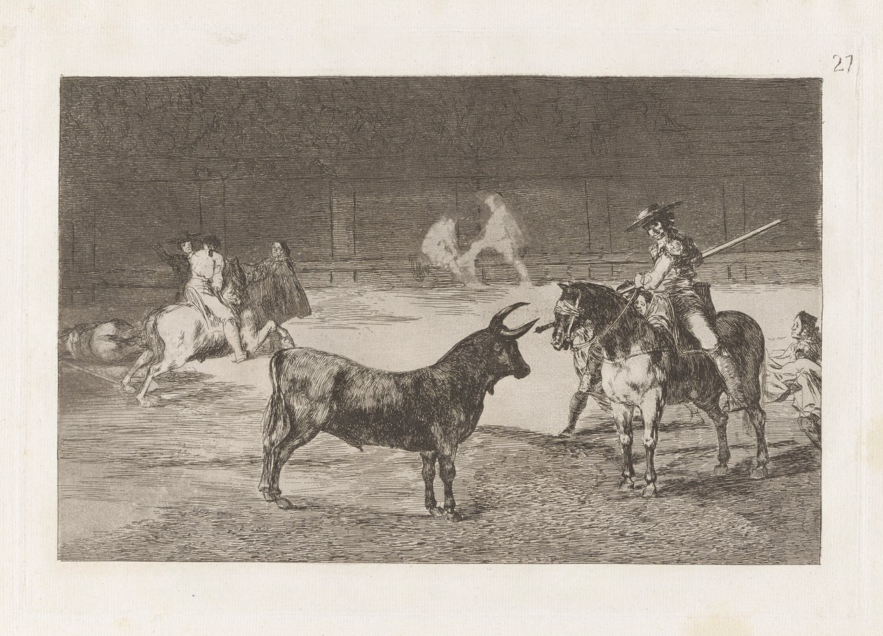 El c?lebre Fernando del Toro, barilarguero, tvinger udyret med stangen sin (The Celebrated Picador, Fernando del Toro, Draws the Fierce Beast on with his Pique), Plate 27 fra La tauromaquia av Francisco de Goya