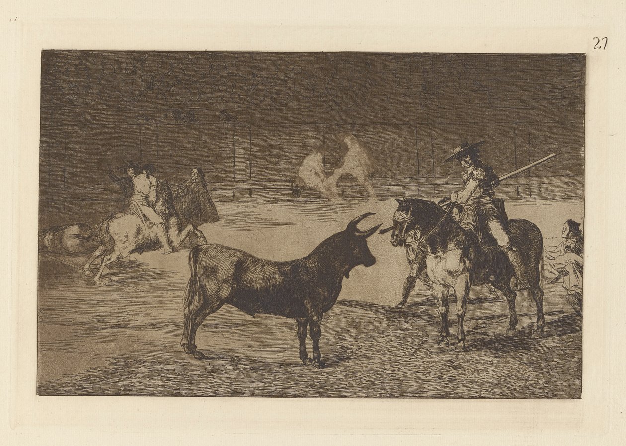 Den berømte Fernando del Toro, barilarguero, tvinger ? la Fiera con su garrocha (The Celebrated Picador, Fernando del Toro, Draws the Fierce Beast on with his Pique), Plate 27 fra La tauromaquia av Francisco de Goya