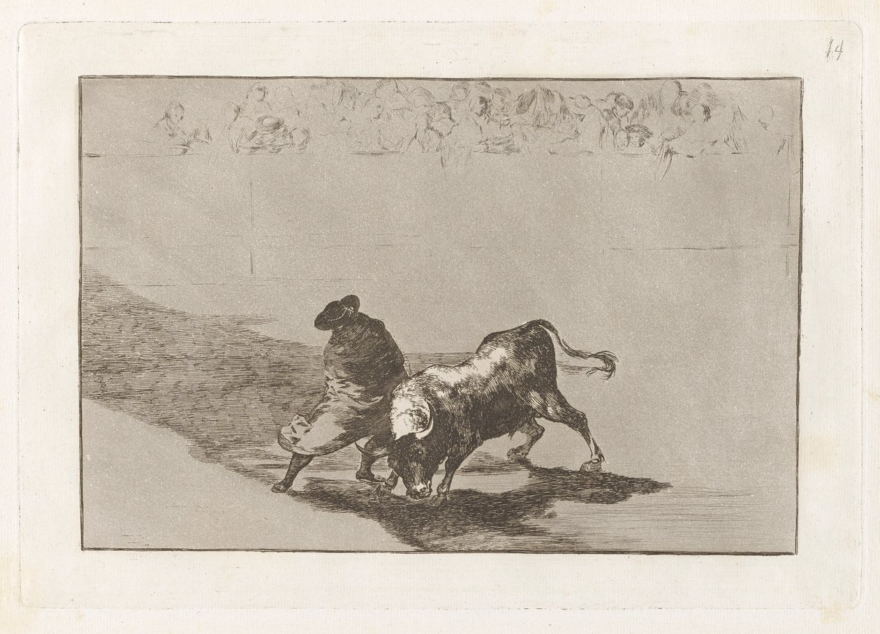 Diestr?sm-studenten til False, preget erter oksen med pausene sine (The Very Skillful Student of False, Wrapped in his Cape, Trick the Bull with the Play of his Body), Plate 14 fra The Tauromachia av Francisco de Goya
