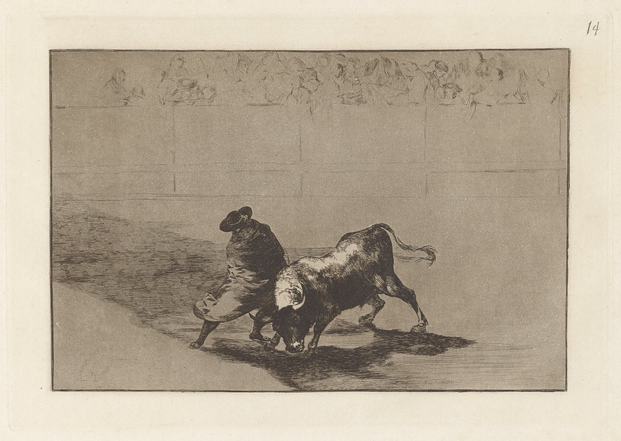 Diestr?sm-studenten til False, preget erter oksen med pausene sine (The Very Skillful Student of False, Wrapped in his Cape, Trick the Bull with the Play of his Body), Plate 14 fra The Tauromachia av Francisco de Goya