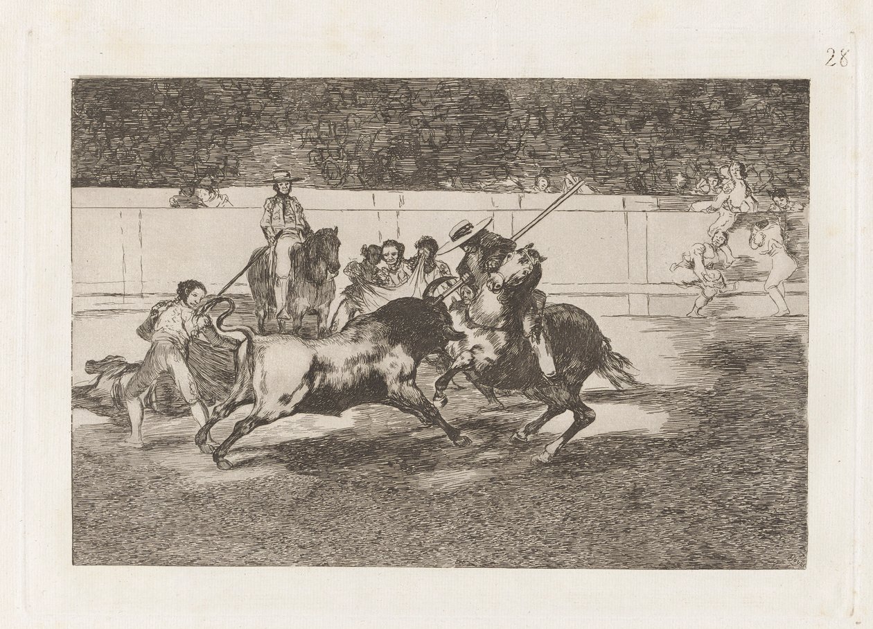 Den anstrengende Rendon som biter en okse, hvis skjebne døde han? en la plaza de Madrid (The Forceful Rendon Stabs a Bull with the Pique, from which Pass He Died in the Ring of Madrid), Plate 28 fra La tauromaquia av Francisco de Goya