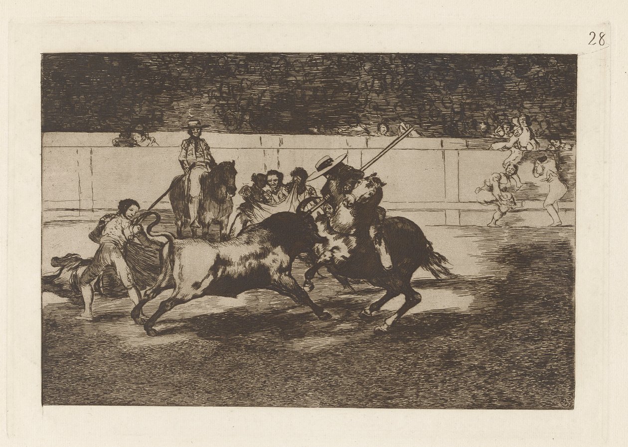 El esforzado Rendon picando un toro, de cuya suerte muri? en la plaza de Madrid (The Forceful Rendon Stabs a Bull with the Pique, from which Pass He Died in the Ring of Madrid), Plate 28 from La tauromaquia   1349556   no       norwegian Successfully Trans av Francisco de Goya