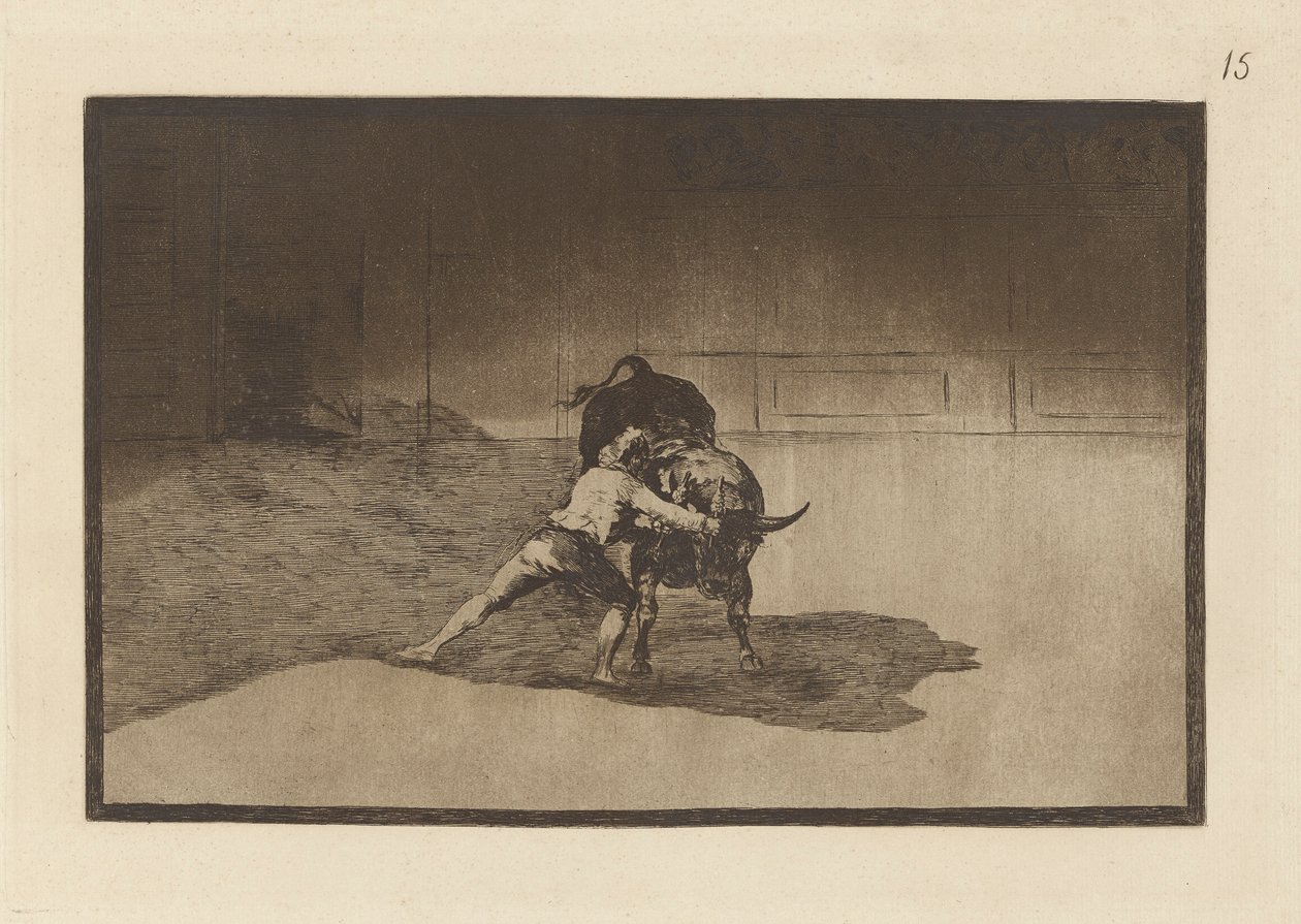 Den berømte Martinchoen, setter banderillas til pause. (The Famous Martincho Places the Banderillas Playing the Bull with Movement of his Body), Plate 15 fra La tauromaquia av Francisco de Goya