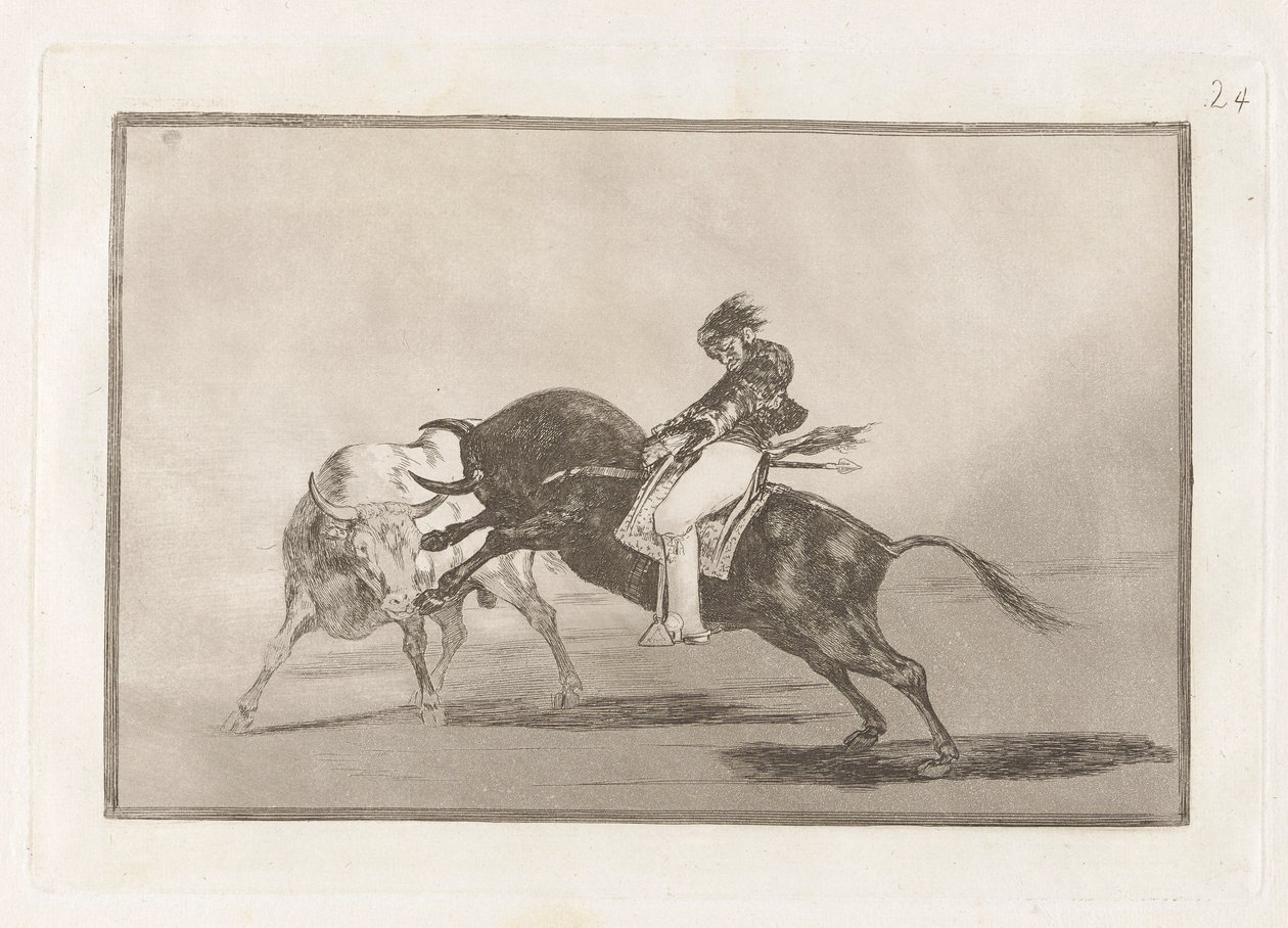The Same Ceballos montert på en annen okse Breaks Rejones på Plaza de Madrid (The Same Ceballos montert på Another Bull Breaks Short Spears in the Ring at Madrid), plate 24 fra La tauromaquia av Francisco de Goya