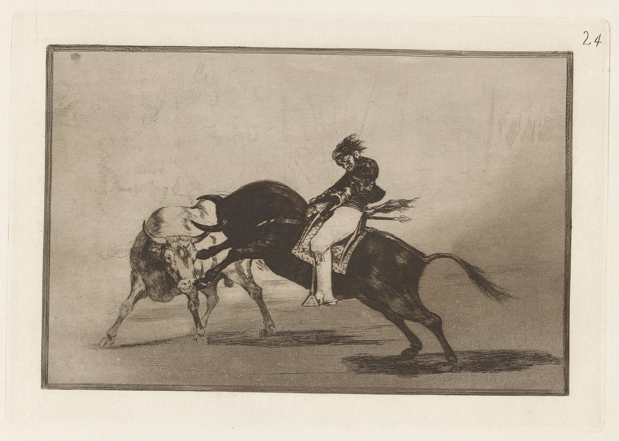Den samme Ceballos montert på en annen okse bryter korte spyd i ringen i Madrid, plate 24 fra La tauromaquia av Francisco de Goya