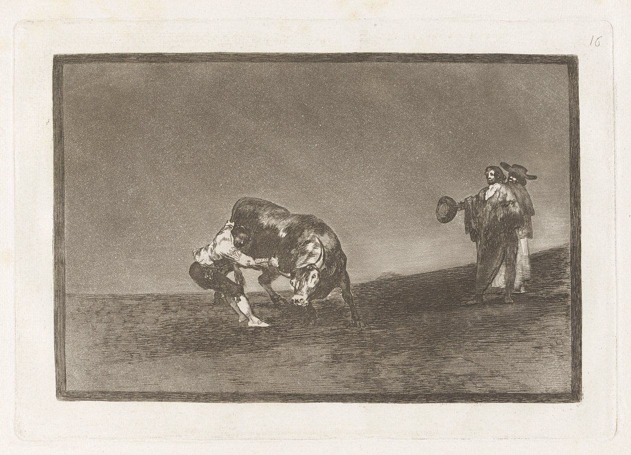 Selv dumper han en okse på Madrids plaza (Den samme mannen kaster en okse i ringen i Madrid), plate 16 fra La tauromaquia av Francisco de Goya