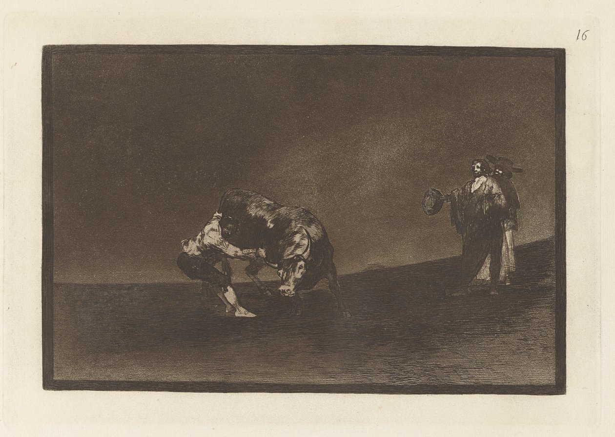 Selv dumper han en okse på Madrids plaza (Den samme mannen kaster en okse i ringen i Madrid), plate 16 fra La tauromaquia av Francisco de Goya