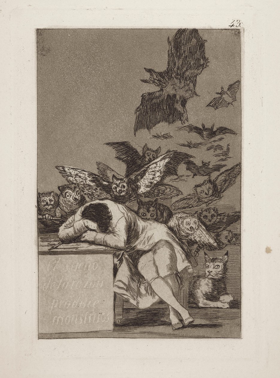 Drømmen om grunnen produserer monstre. (Fornuftens søvn produserer monstre.), pl. 43 fra serien The whims av Francisco de Goya
